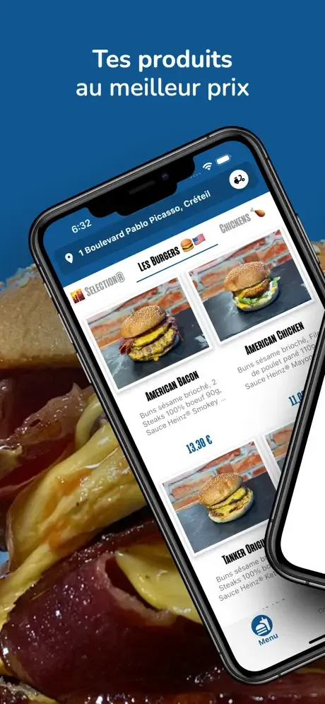 La carte des burgers dans l'application, avec les prix