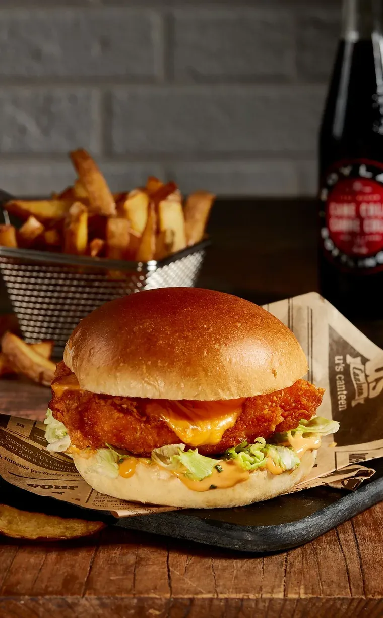 Burger au filet de poulet pané, cheddar fondu et salade, servi avec des frites