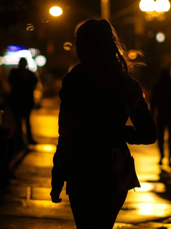 Silhouette d'une femme seule sur un trottoir, la nuit, sous les lampadaires.